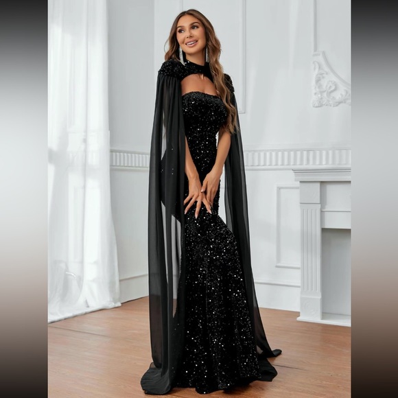 Glitter Sequin Tube Mermaid Dress & Cloak Sleeve Mesh Cape - Picture 4 of 11